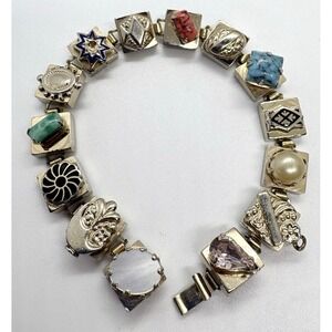 Vintage‎ Gold Tone Link Slide Style Charm Bracelet 7'' Floral Faux Stone Retro